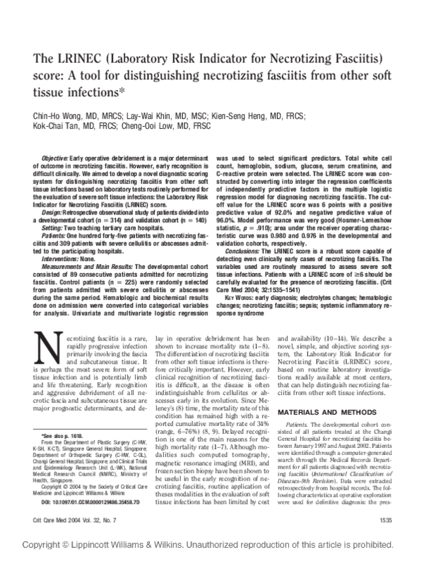 (PDF) The LRINEC (Laboratory Risk Indicator for Necrotizing Fasciitis