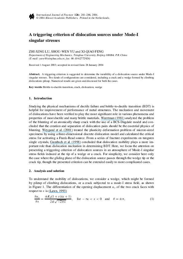 (PDF) A triggering criterion of dislocation sources under Mode-I ...