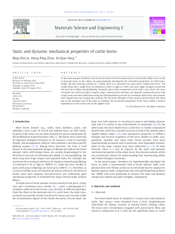 (PDF) Static and dynamic mechanical properties of cattle horns