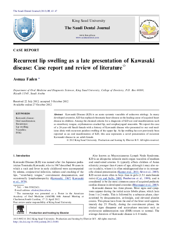 (PDF) Recurrent lip swelling as a late presentation of Kawasaki disease