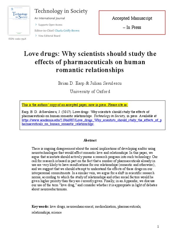 (PDF) Love drugs: Why scientists should study the effects of ...