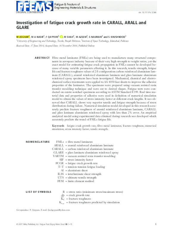 (PDF) Investigation of fatigue crack growth rate in CARALL, ARALL and GLARE