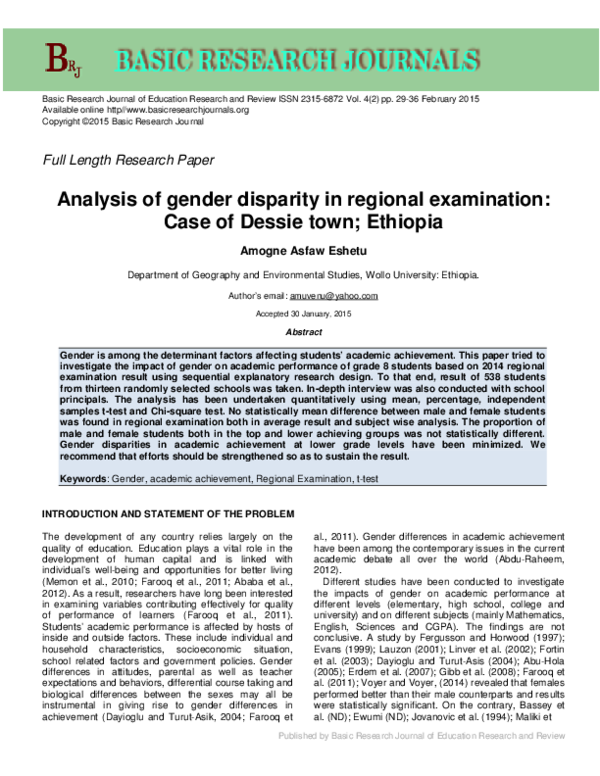 (PDF) Analysis of gender disparity in regional examination: Case of ...