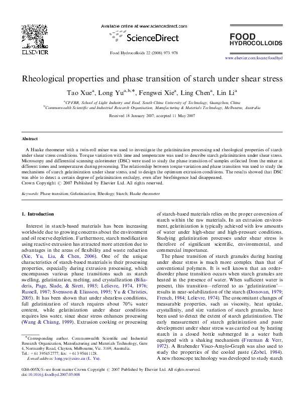 (PDF) Rheological properties and phase transition of starch under shear ...