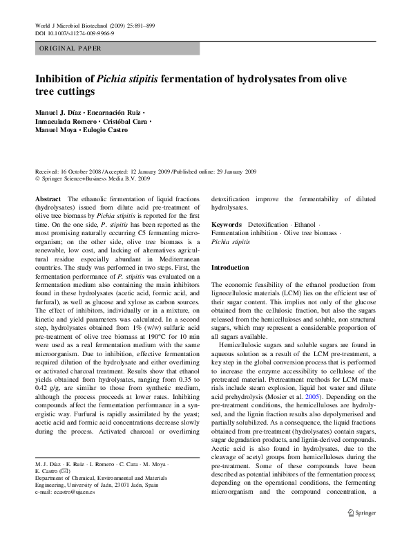 (PDF) Inhibition of Pichia stipitis fermentation of hydrolysates from ...