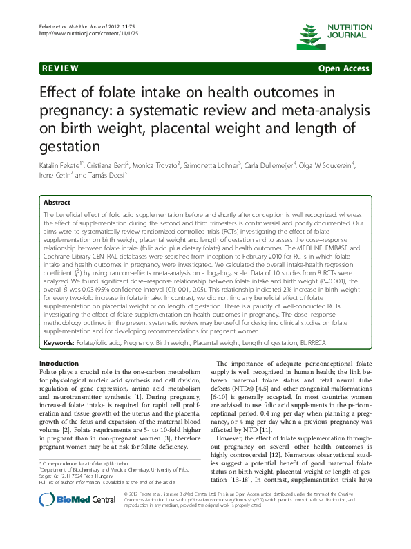 (PDF) Effect of folate intake on health outcomes in pregnancy: a ...