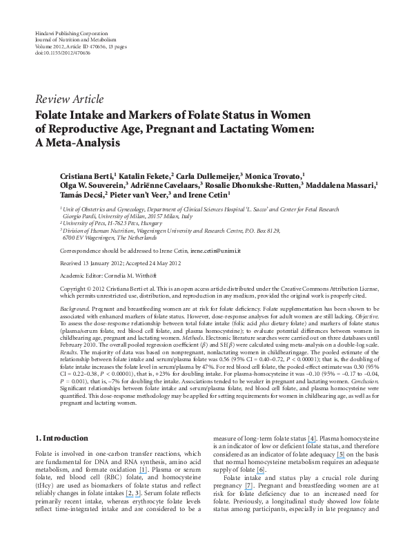 (PDF) Folate Intake and Markers of Folate Status in Women of ...