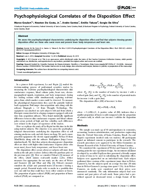 (PDF) Psychophysiological Correlates of the Disposition Effect
