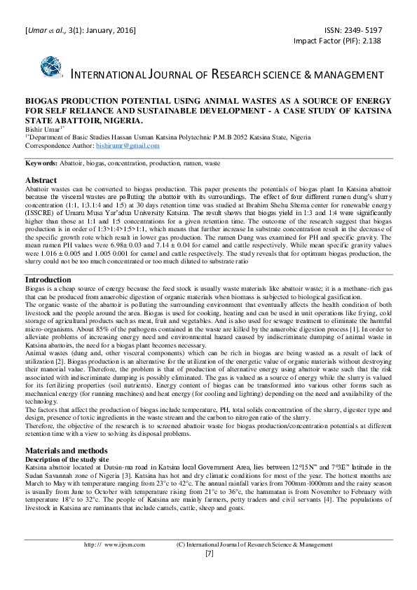 (PDF) BIOGAS PRODUCTION POTENTIAL USING ANIMAL WASTES AS A SOURCE OF ...