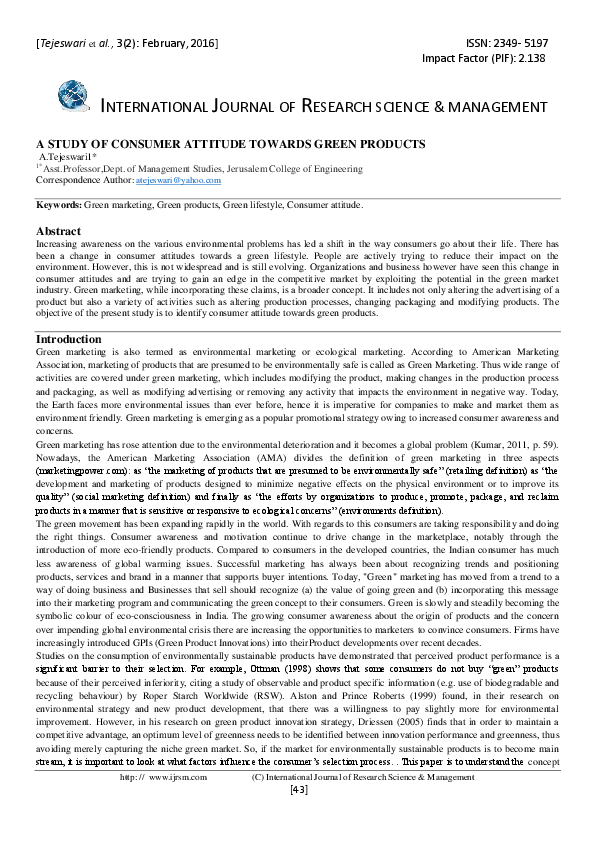 (PDF) A STUDY OF CONSUMER ATTITUDE TOWARDS GREEN PRODUCTS