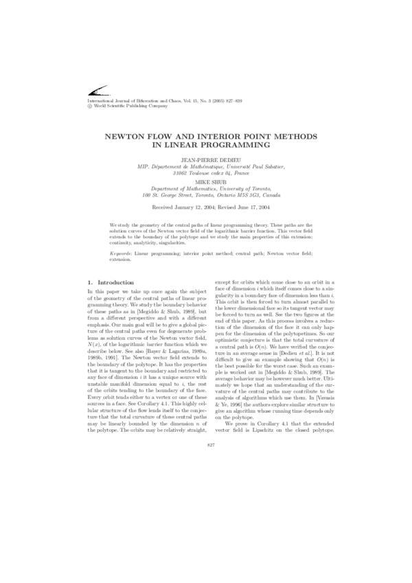 (PDF) NEWTON FLOW AND INTERIOR POINT METHODS IN LINEAR PROGRAMMING