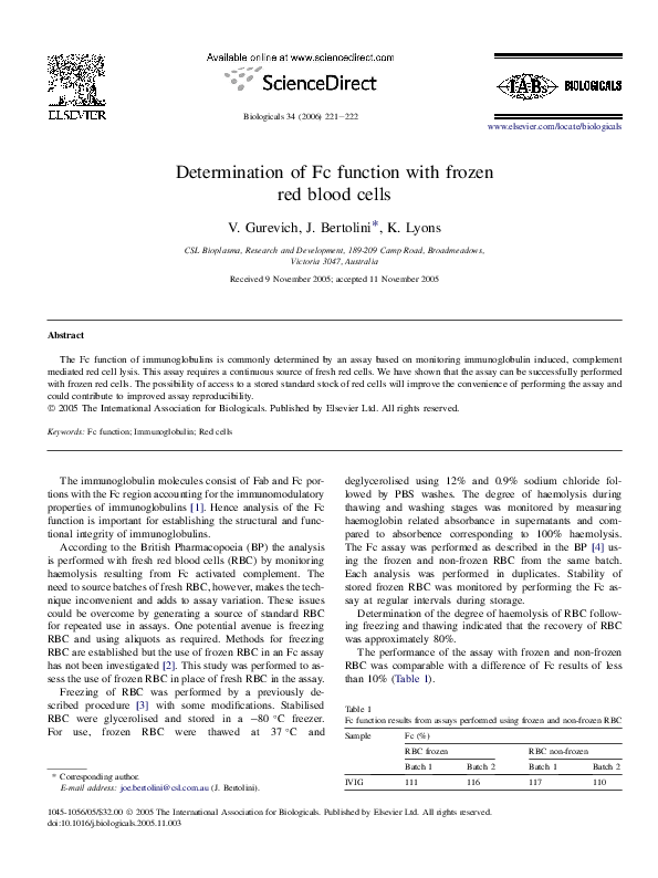 (PDF) Determination of Fc function with frozen red blood cells