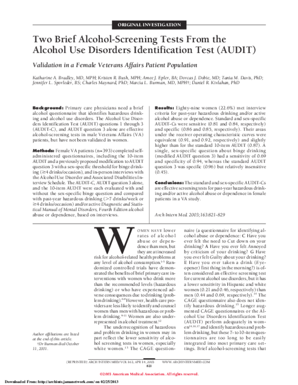 (PDF) Two Brief AlcoholScreening Tests From the Alcohol Use Disorders