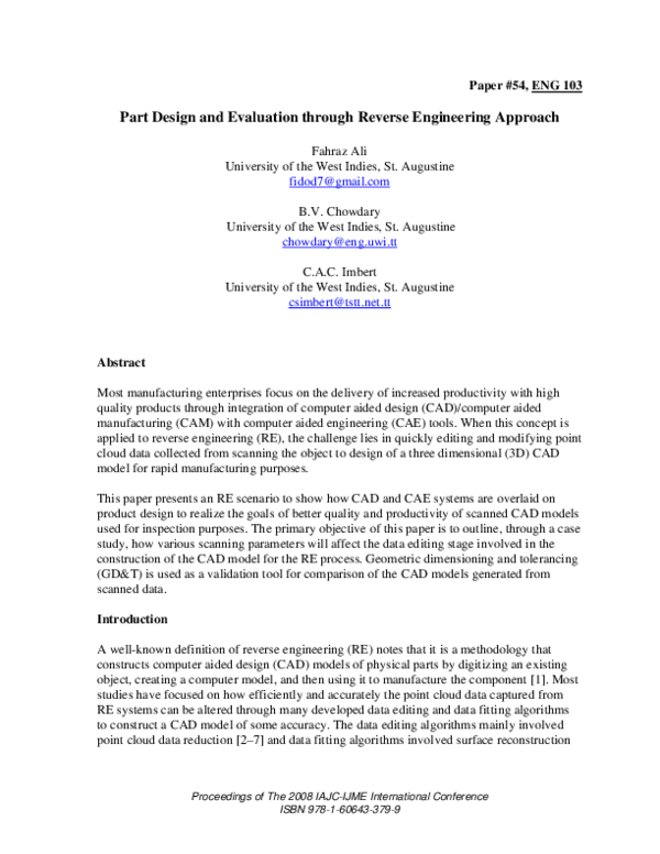 (PDF) Part Design and Evaluation through Reverse Engineering Approach
