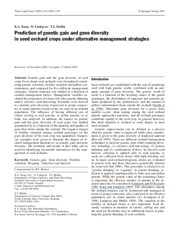 (PDF) Prediction of genetic gain and gene diversity in seed orchard ...