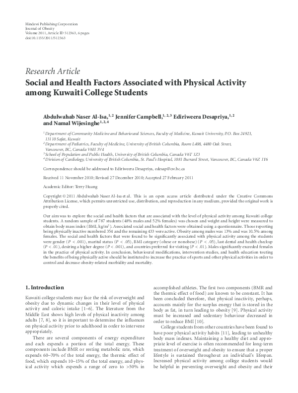 (PDF) Social and Health Factors Associated with Physical Activity among ...