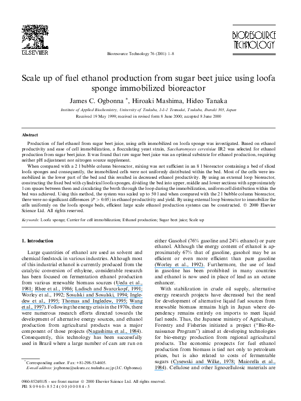 (PDF) Scale up of fuel ethanol production from sugar beet juice using ...