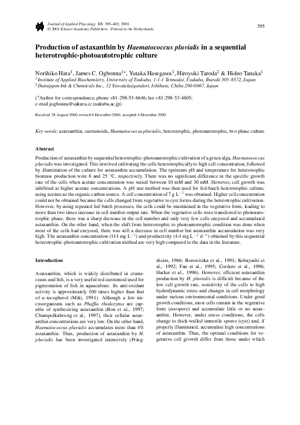 (PDF) Production of astaxanthin by Haematococcus pluvialis in a ...