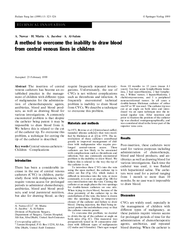 (PDF) A method to the inability to draw blood from central venous lines in children