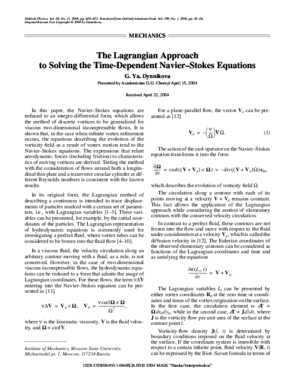 (PDF) The Lagrangian approach to solving the timedependent Navier