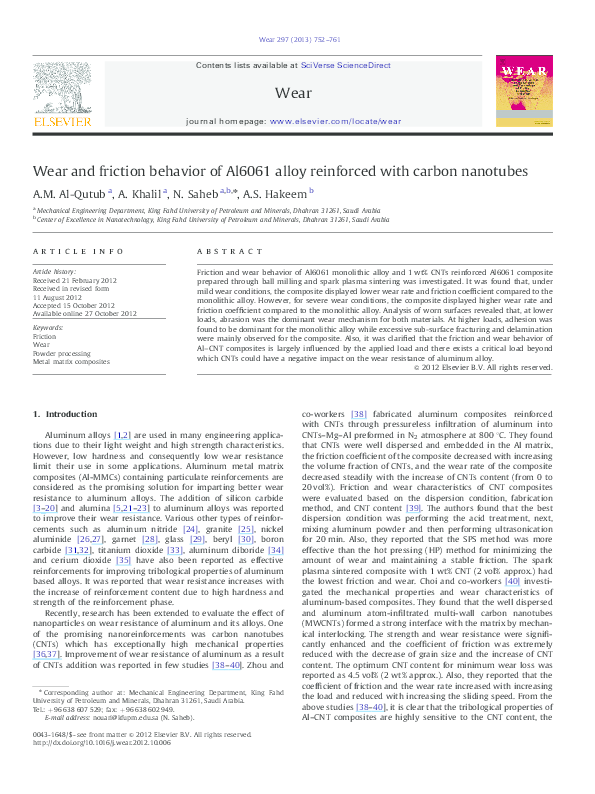 (PDF) Wear and friction behavior of Al6061 alloy reinforced with carbon ...
