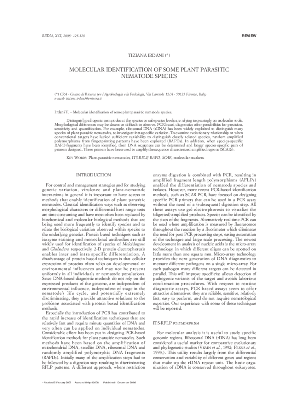 (PDF) Molecular identification of some plant parasitic nematode species
