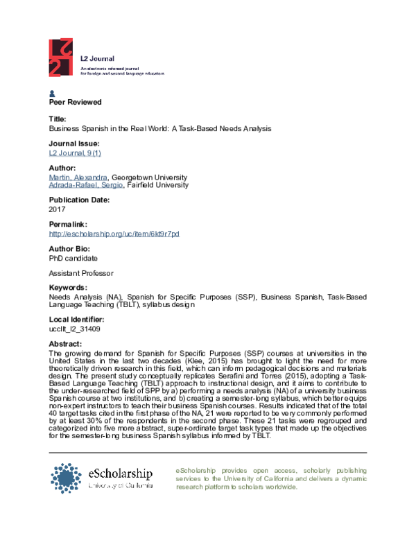 (PDF) Business Spanish in the Real World A TaskBased Needs Analysis