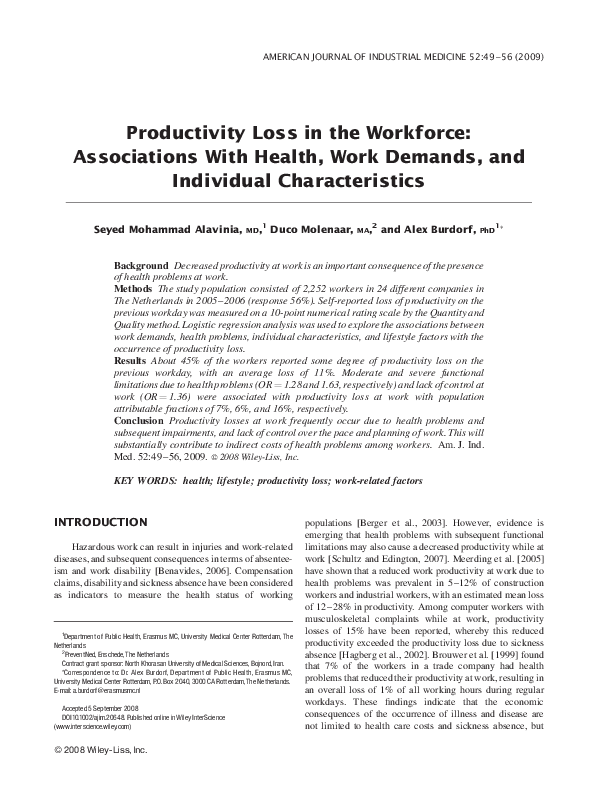 (PDF) Productivity loss in the workforce: associations with health ...