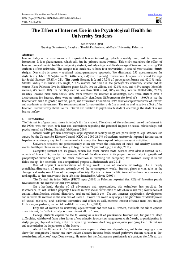 (PDF) The Effect of Internet Use in the Psychological Health for ...