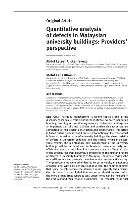 (PDF) Quantitative analysis of defects in Malaysian university ...