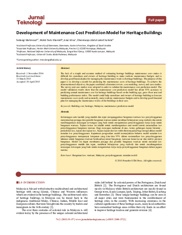 (PDF) Development of Maintenance Cost Prediction Model for Heritage ...