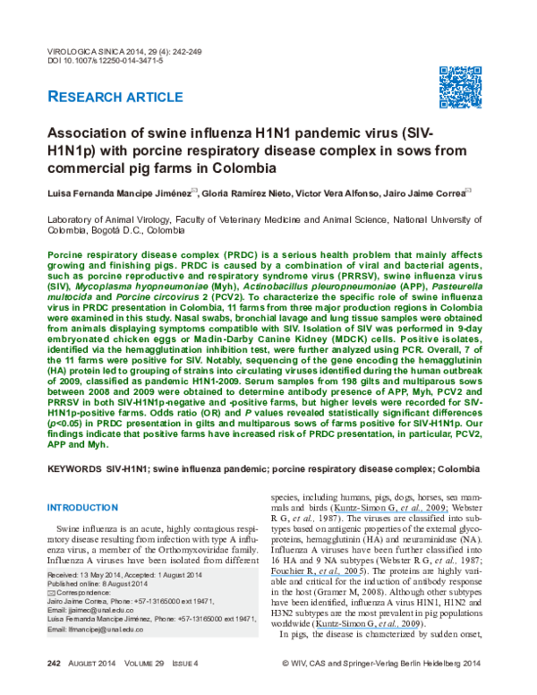 (PDF) Association of swine influenza H1N1 pandemic virus (SIV-H1N1p ...