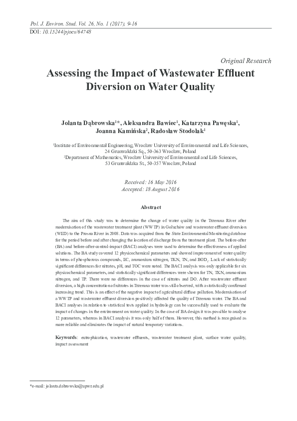 (PDF) Assessing the Impact of Wastewater Effluent Diversion on Water ...