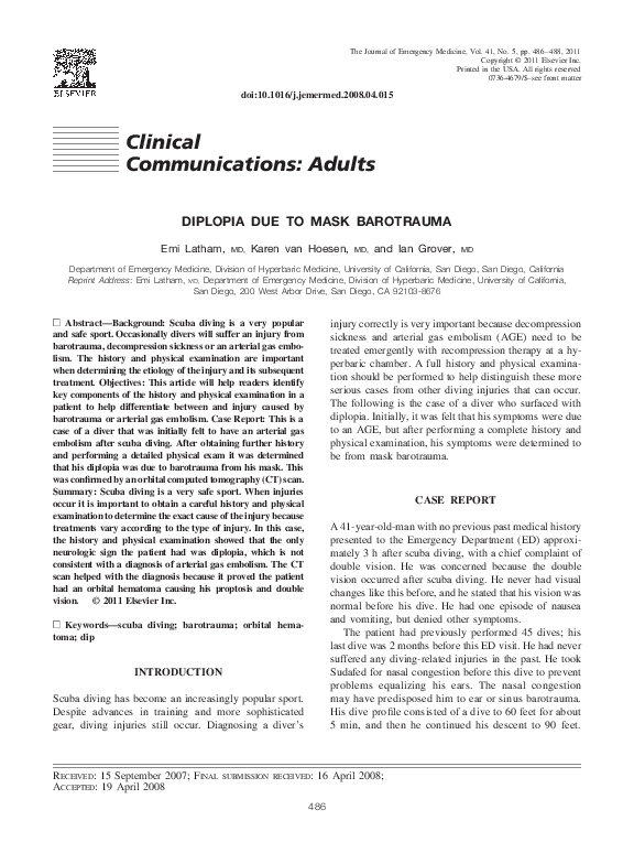 (PDF) Diplopia Due to Mask Barotrauma Emi Latham and Ian Grover
