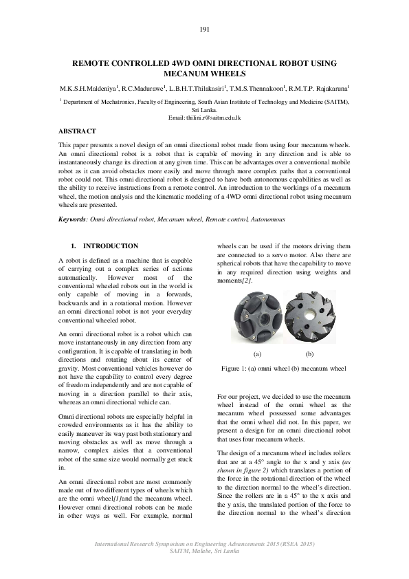 (PDF) REMOTE CONTROLLED 4WD OMNI DIRECTIONAL ROBOT USING MECANUM WHEELS