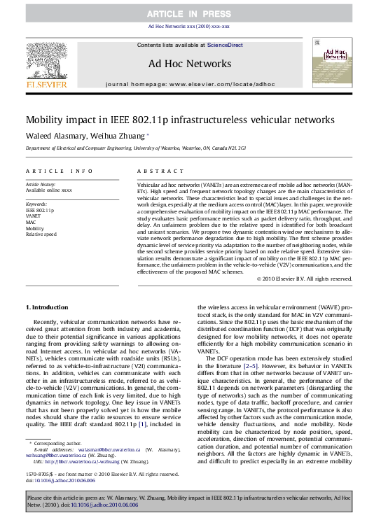 (PDF) Mobility impact in IEEE 802.11p infrastructureless vehicular networks