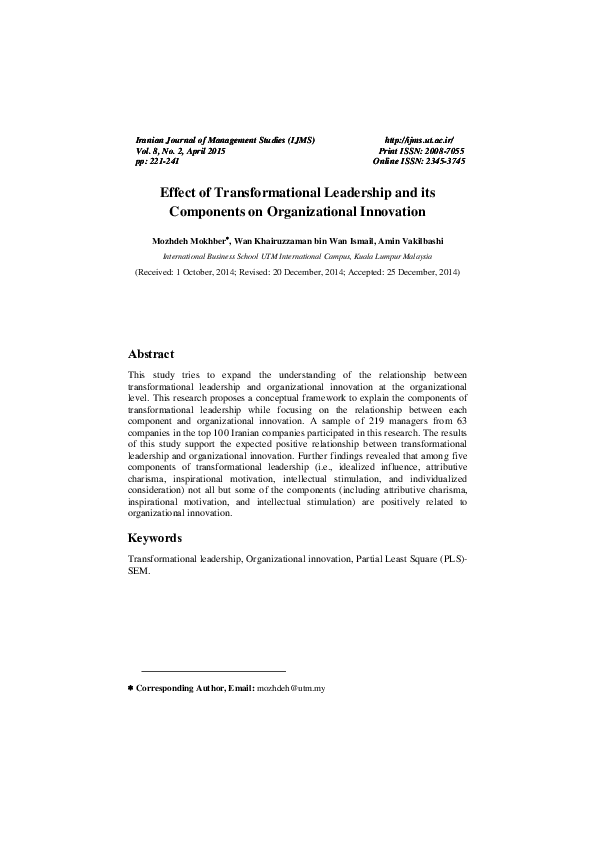 (PDF) The Effect of Transformational Leadership and Its Components on ...