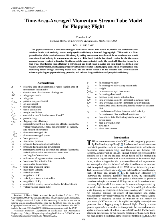 (PDF) Time-Area-Averaged Momentum Stream Tube Model for Flapping Flight