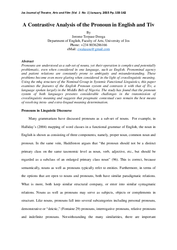 (PDF) A Contrastive Analysis of the Pronoun in English and Tiv
