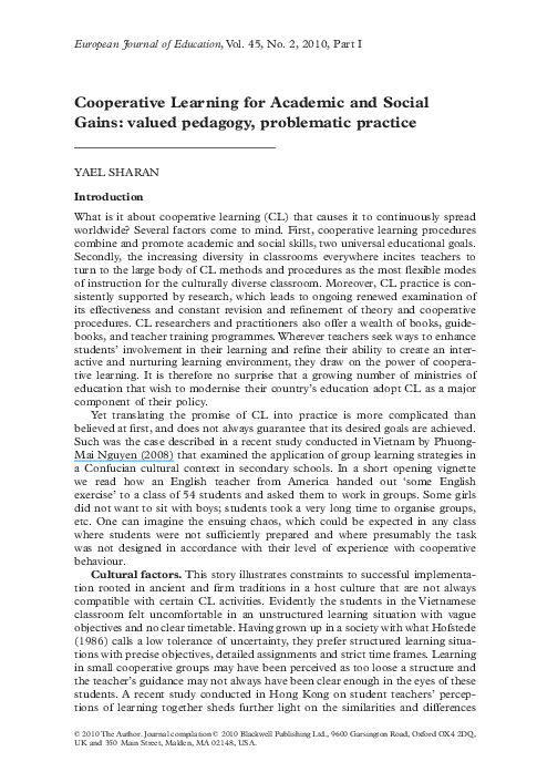 (PDF) Cooperative Learning for Academic and Social Gains: valued ...