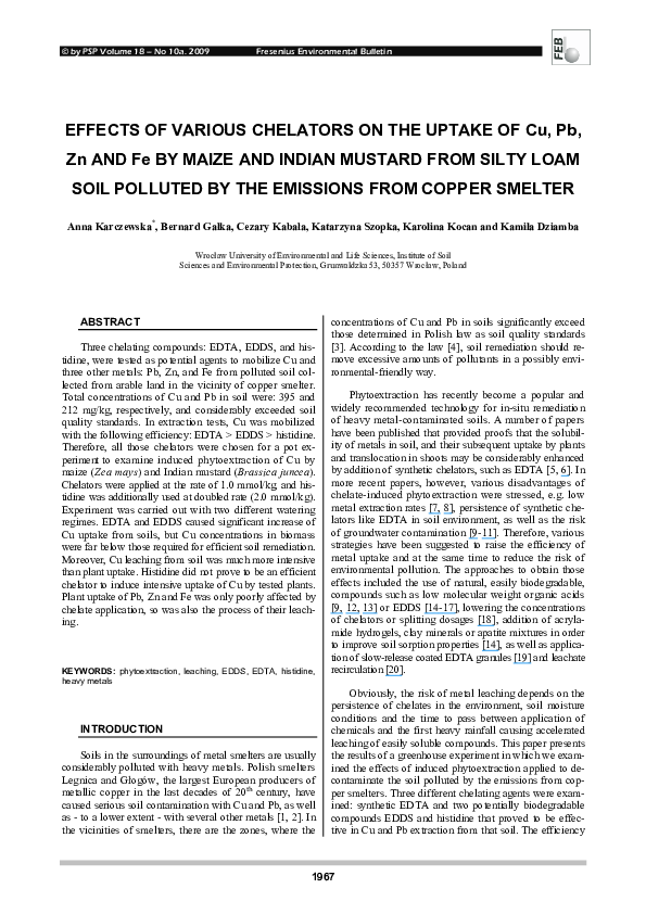 (PDF) Effects of various chelators on the uptake of Cu, Pb, Zn and Fe ...
