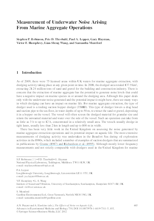 (PDF) Measurement of underwater noise arising from marine aggregate ...