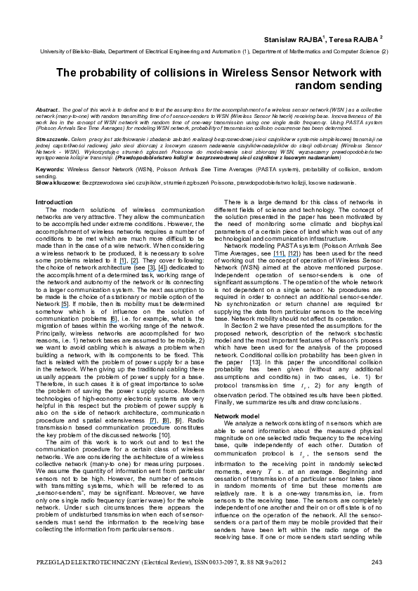 (PDF) The probability of collisions in Wireless Sensor Network with ...
