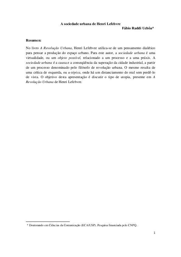 (PDF) A sociedade urbana de Henri Lefebvre Fábio Raddi Uchôa
