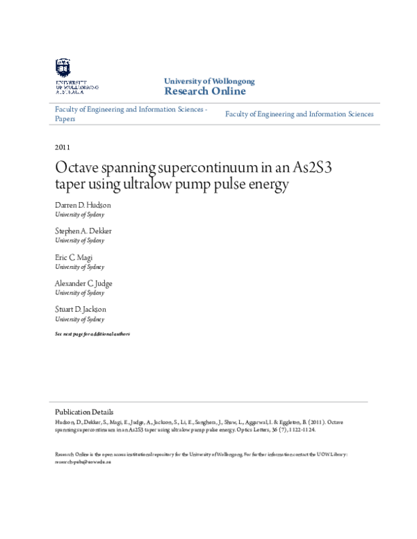 (PDF) Octave spanning supercontinuum in an As2S3 taper using ultra-low ...