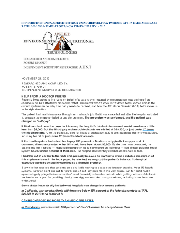 (PDF) NONPROFIT HOSPITALS PRICE GOUGING UNINSURED SELFPAY PATIENTS AT 317 TIMES MEDICARE