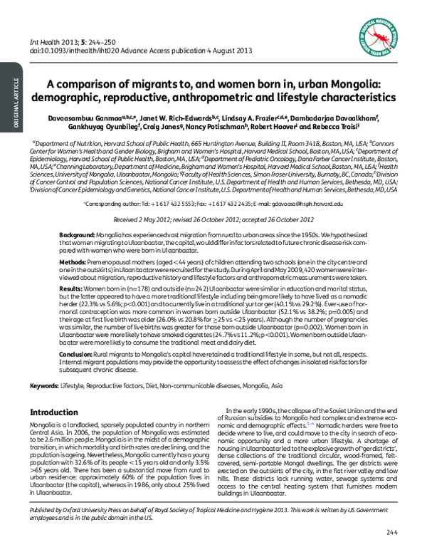 (PDF) A comparison of migrants to, and women born in, urban Mongolia ...