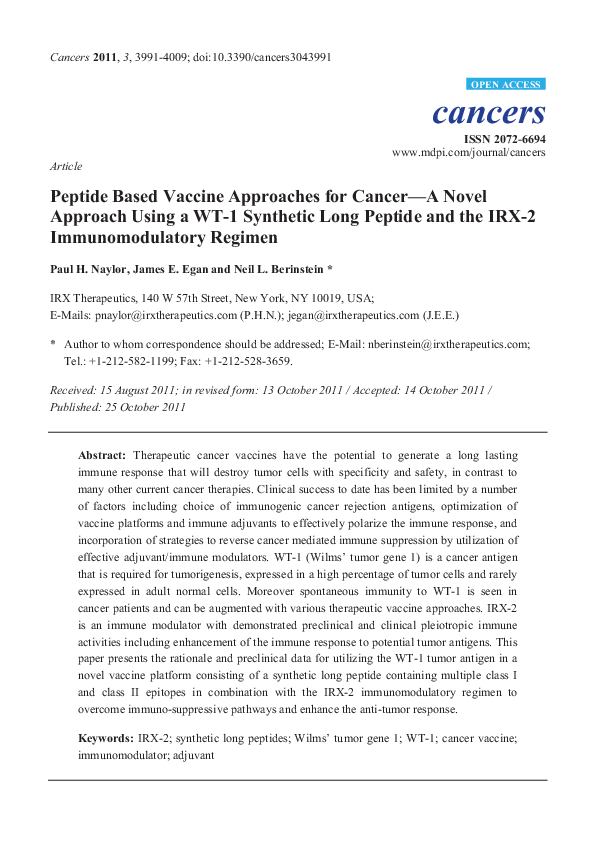 (PDF) Peptide Based Vaccine Approaches for Cancer-A Novel Approach ...