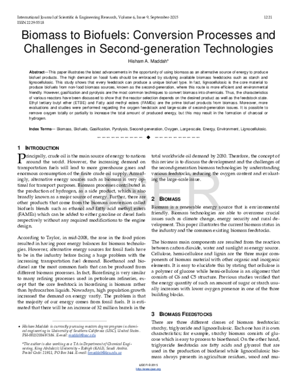 (PDF) Biomass to Biofuels Conversion Processes and Challenges in Second ...