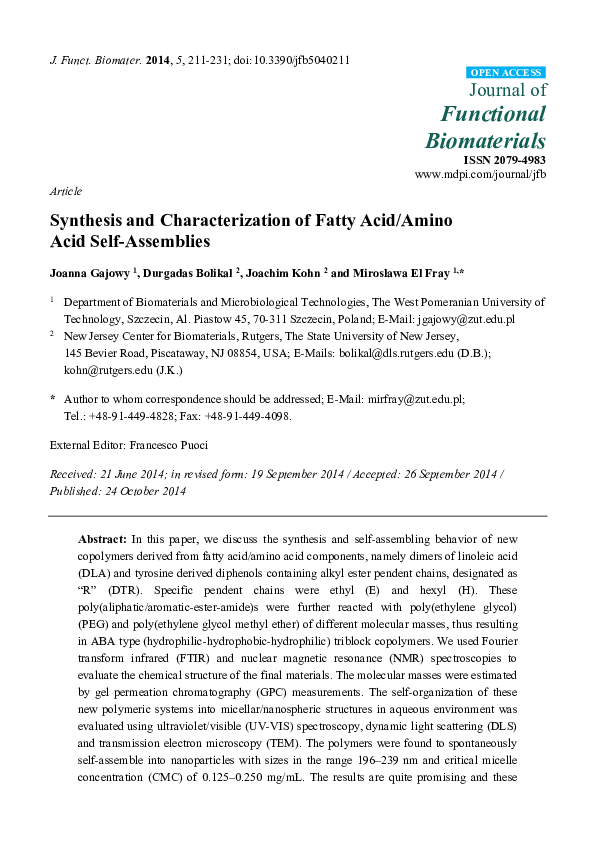 (PDF) Synthesis and Characterization of Fatty Acid/Amino Acid Self ...